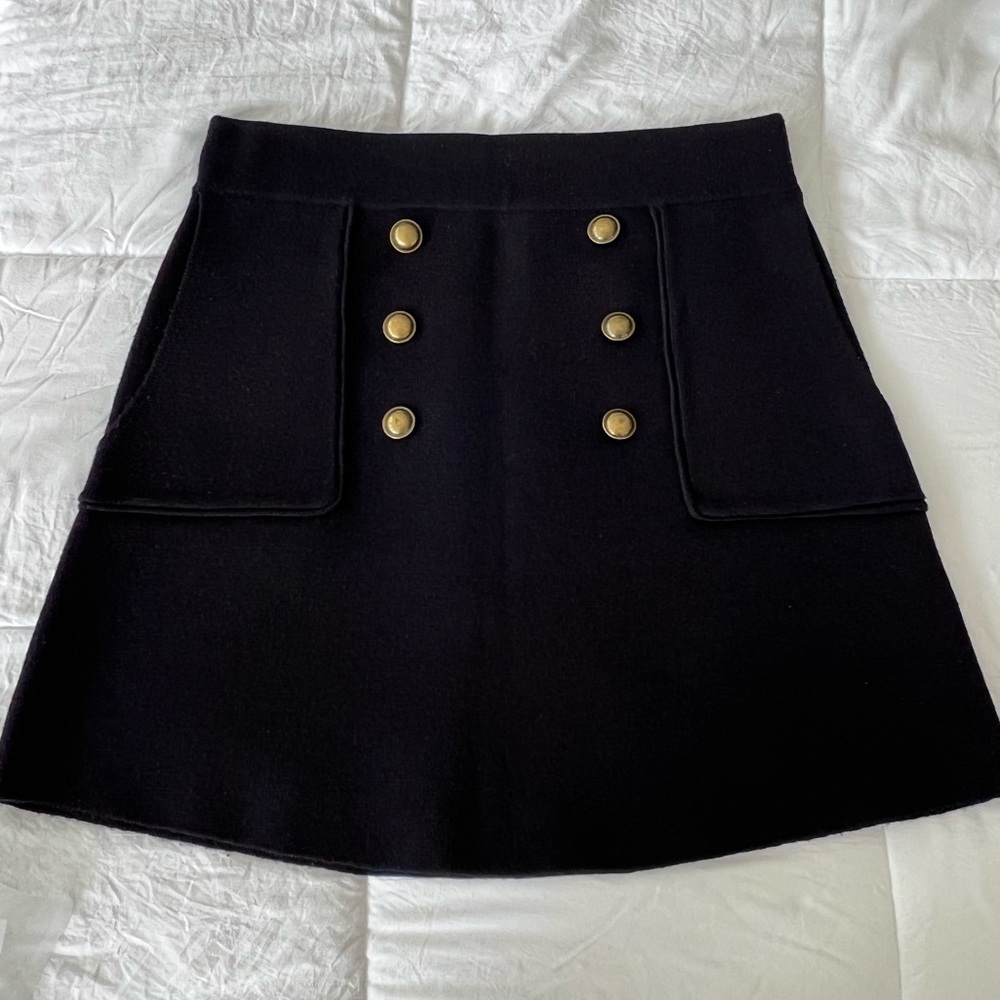 Zara Merino Wool Navy Skirt with Gold Buttons